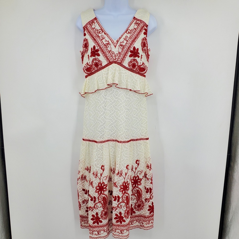 Cream and Red Embroidered Midi Dress - Women